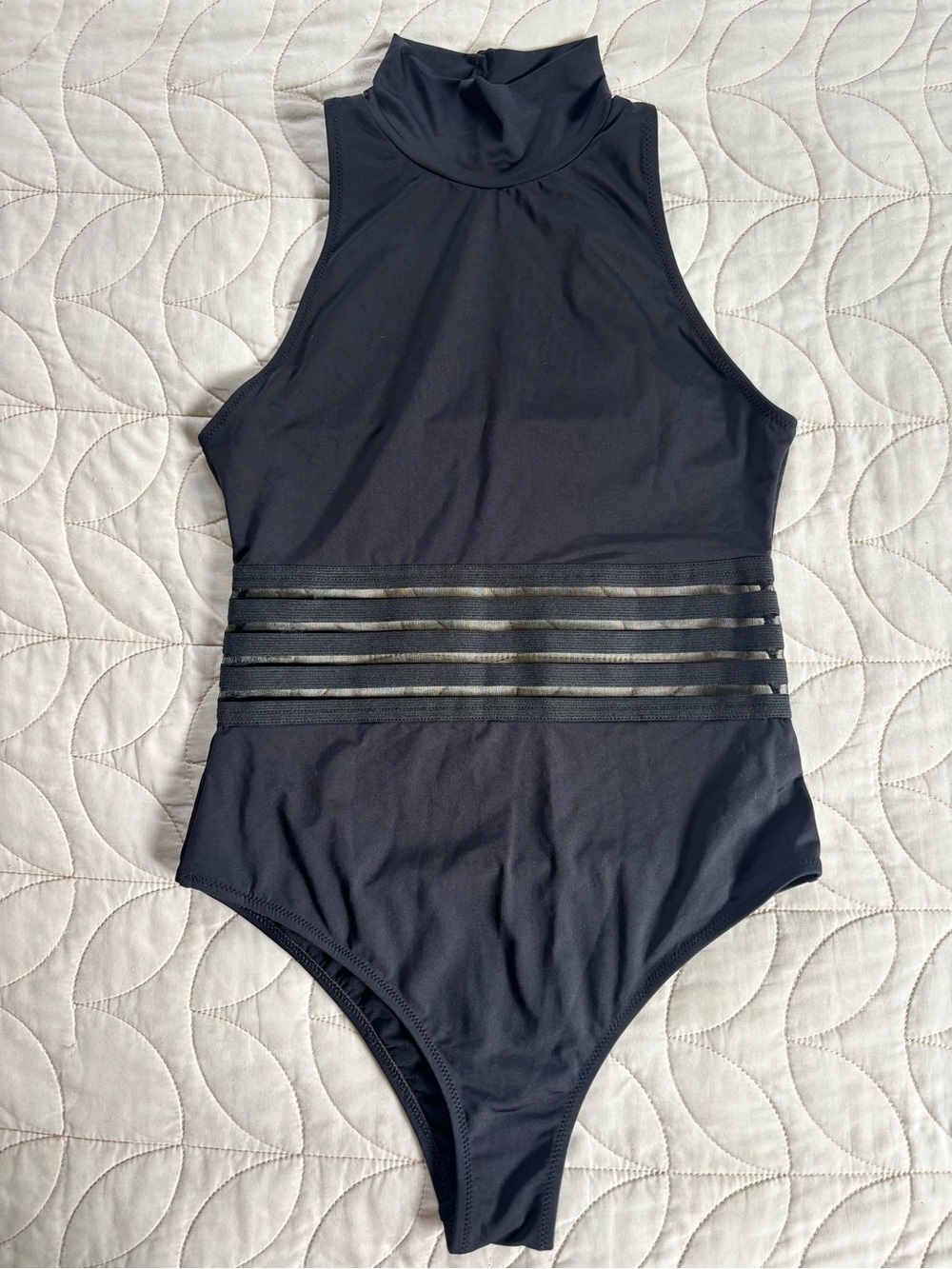 High-Neck Black Women's Swim Bodysuit with Sheer Waist Panels